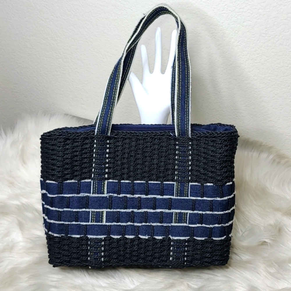 Straw Bag Navy Blue Woven Denim Top Handle EUC Preppy Everyday Unique Summer Fun
